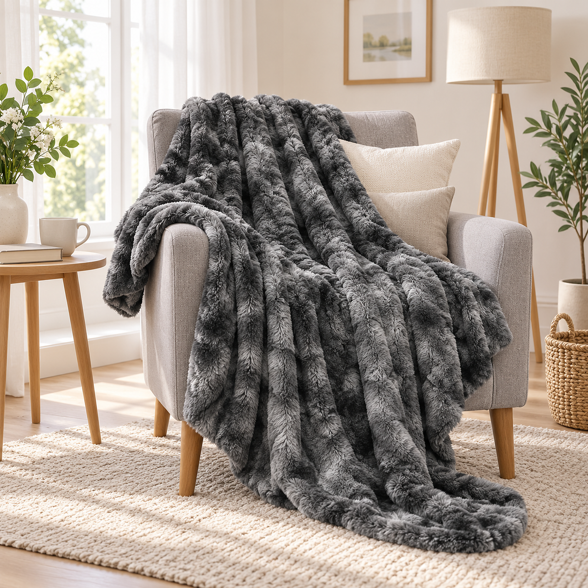 Elvasori Gray soft throw blanket draped over a light upholstered armchair with cushions beside a bright window