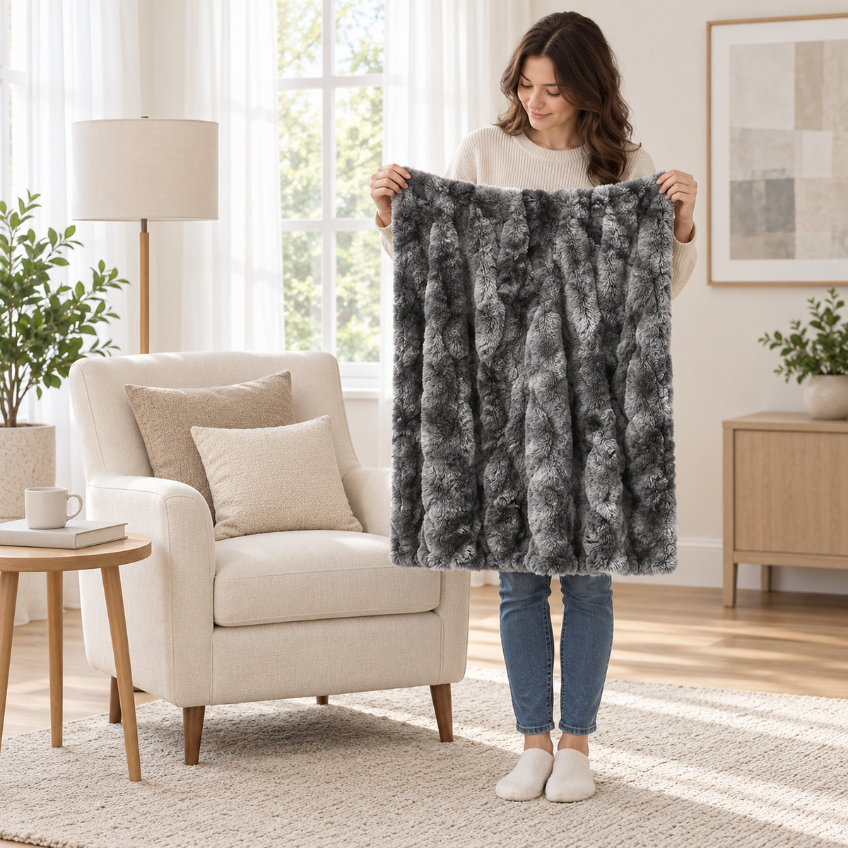 Elvasori gray soft throw blanket in the small size, held fully open by an adult in a sunroom reading nook