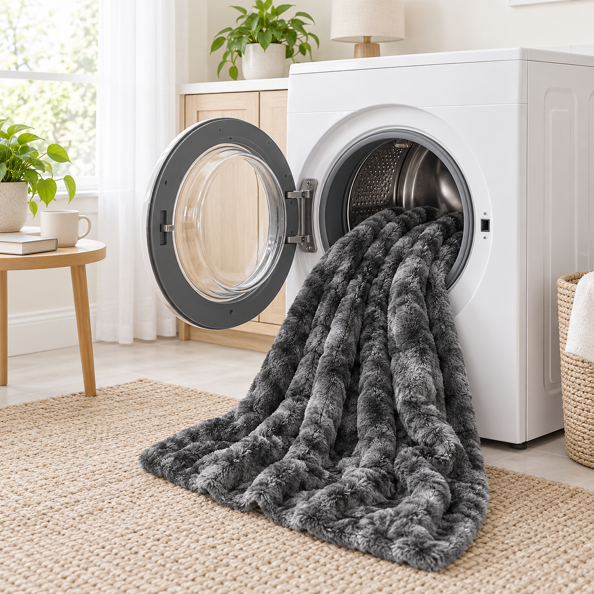 Elvasori gray throw blanket by a home washing machine, ready for a machine wash
