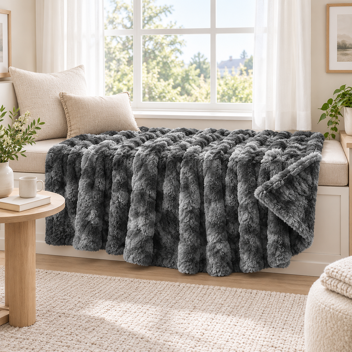 Elvasori Gray throw blanket spread across an upholstered window seat with one corner turned back.