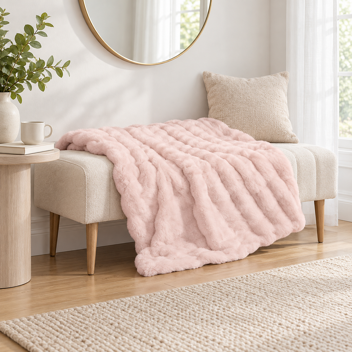 Elvasori pink soft throw blanket laid across an ivory upholstered bench in an entry sitting area #color_pink