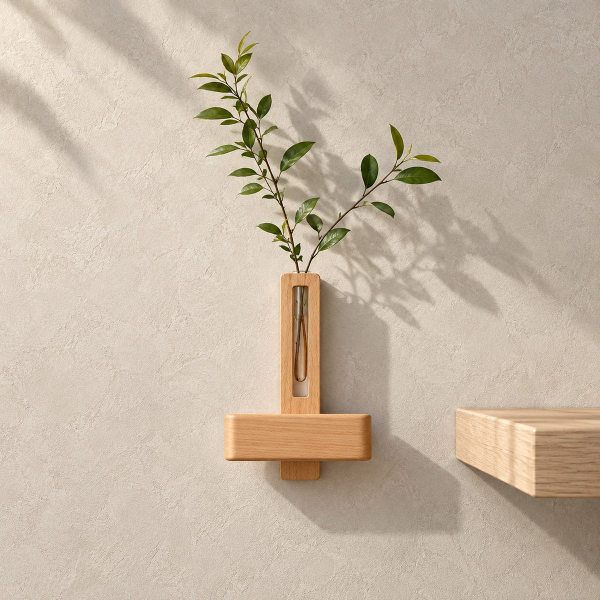 Ilaveno natural battery operated wall sconce with stems in its vase holder in a dining nook in daylight