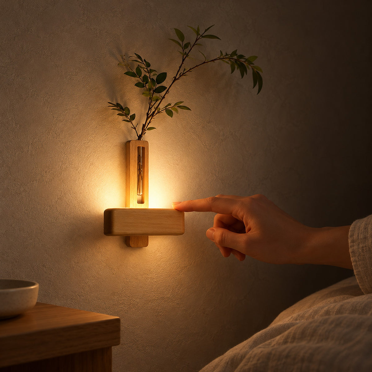 Ilaveno natural bedside wall light giving a calm glow beside a bed in a bedroom at night