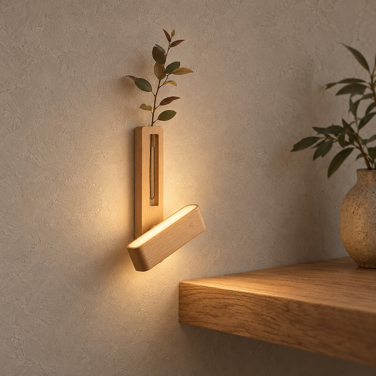 Ilaveno natural LED wall sconce lit in a dining nook, light spreading upward over the wood