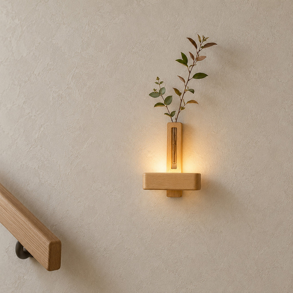 Ilaveno natural wall lamp on a stair landing, displaying stems on the wall without needing a table