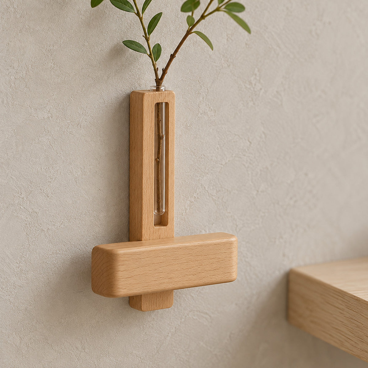 Ilaveno natural wall sconce in close up, showing the wood grain of the body and vase holder