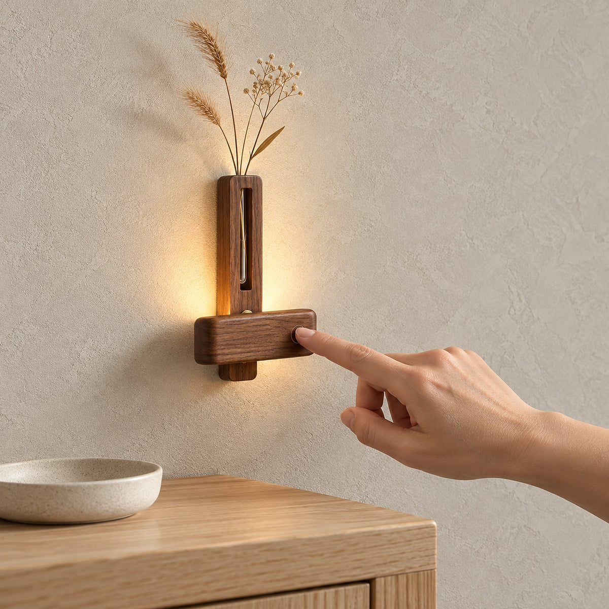Ilaveno walnut battery operated wall sconce lit by day in the corner of a dining nook #color_walnut