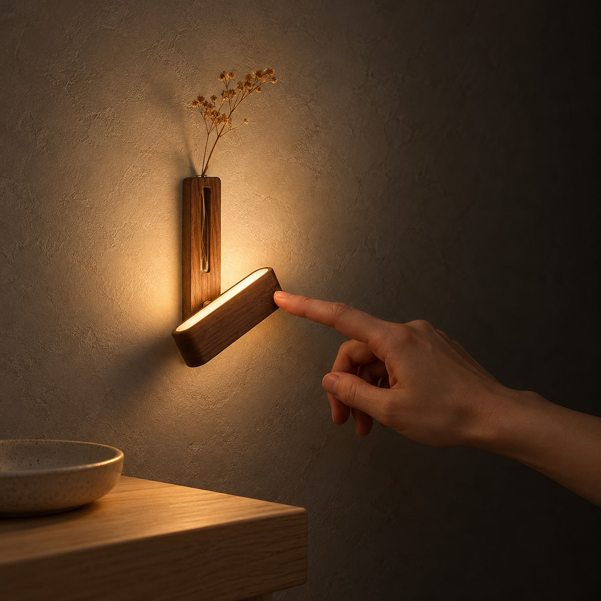 Ilaveno walnut rechargeable wall sconce glowing in a dark entryway at night #color_walnut