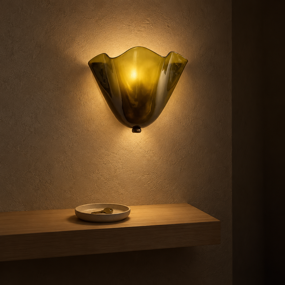 Ilsaren green wall light glowing through frosted glass over a landing shelf at night