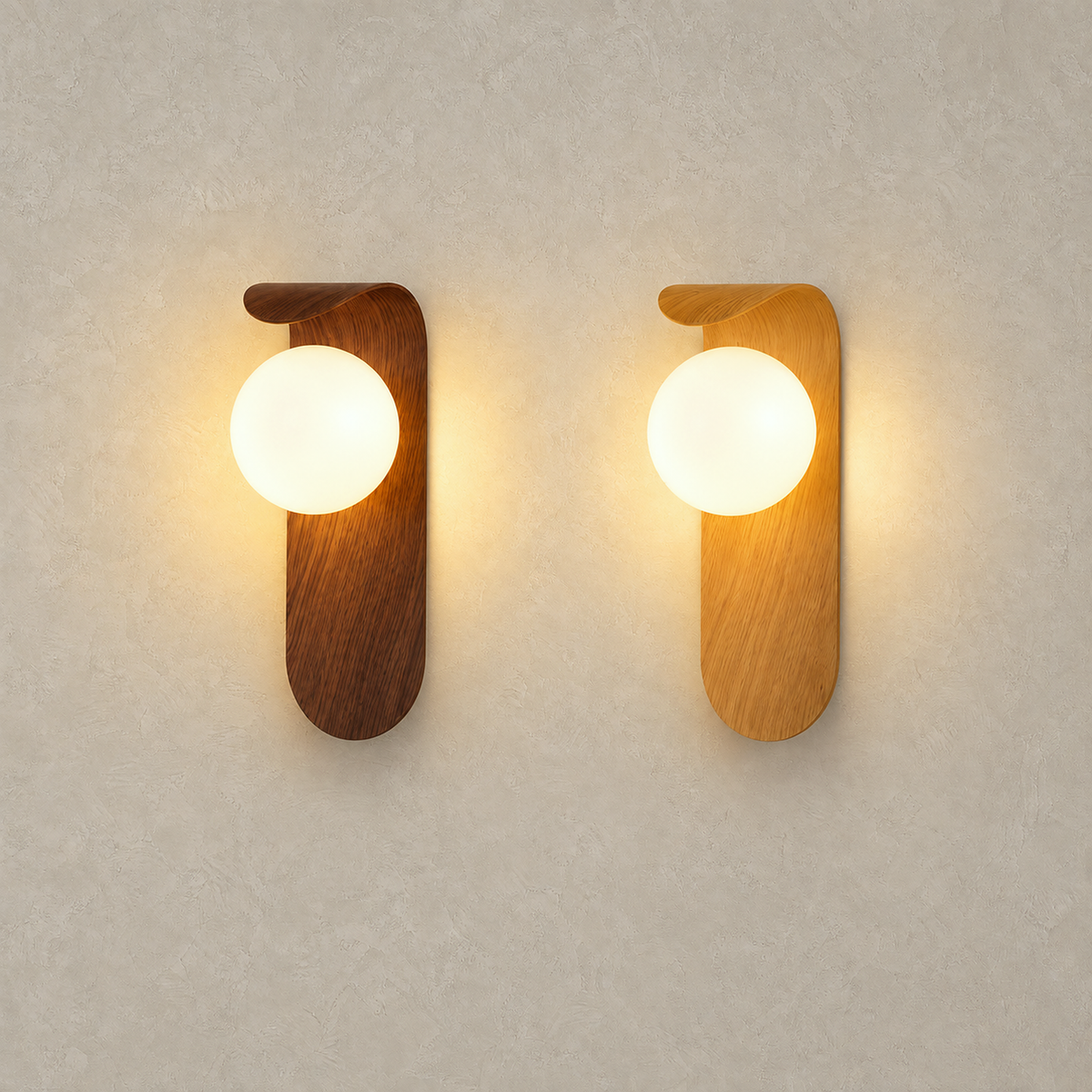Ilvarne wall light in walnut and wood, both finishes lit side by side with warm glowing globes