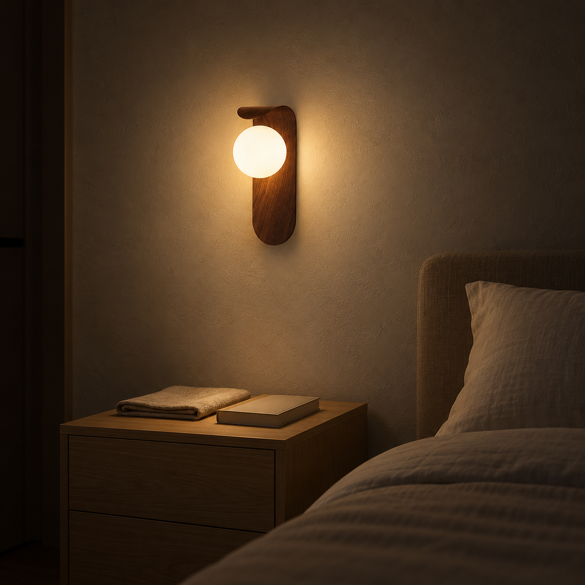 Ilvarne walnut bedside wall light casting a soft warm halo on a bedroom wall at night