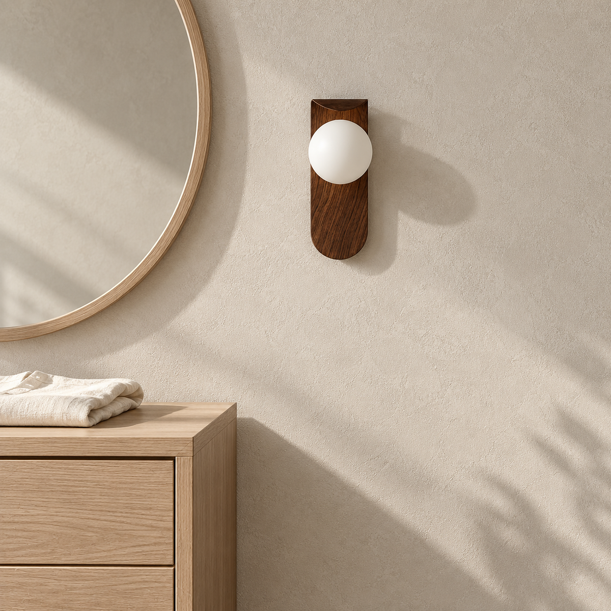 Ilvarne walnut hardwired wall light, switched off, mounted beside a dressing room mirror