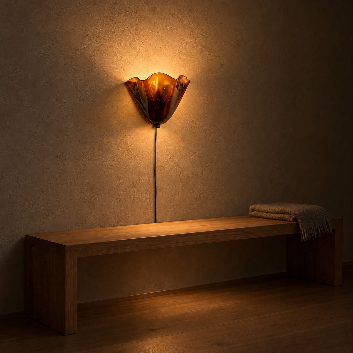 Lanorvi brown glass wall sconce glowing above a clear stair landing bench at night #color_brown