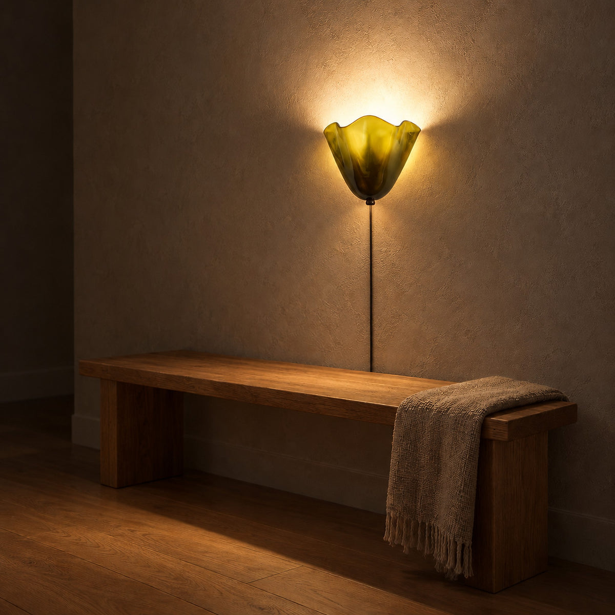 Lanorvi green glass wall lamp casting a soft halo up a stair landing wall at night #color_green