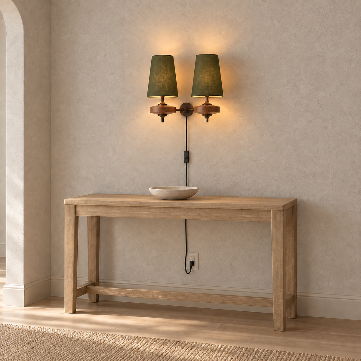 Larevio green wall sconce glowing above a dining room console in daylight #color_green