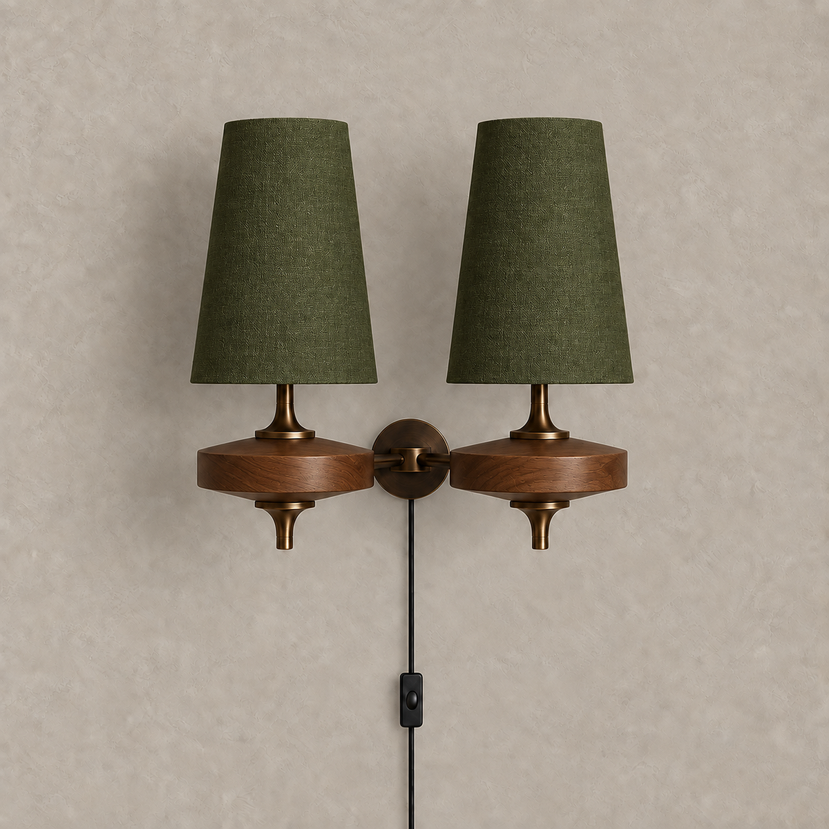 Larevio green wall sconce unlit against plaster showing its wood body and fabric shades #color_green