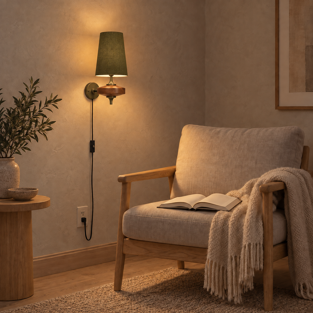 Larevio green plug in wall sconce lit beside a chair and an open book in a reading nook #color_green