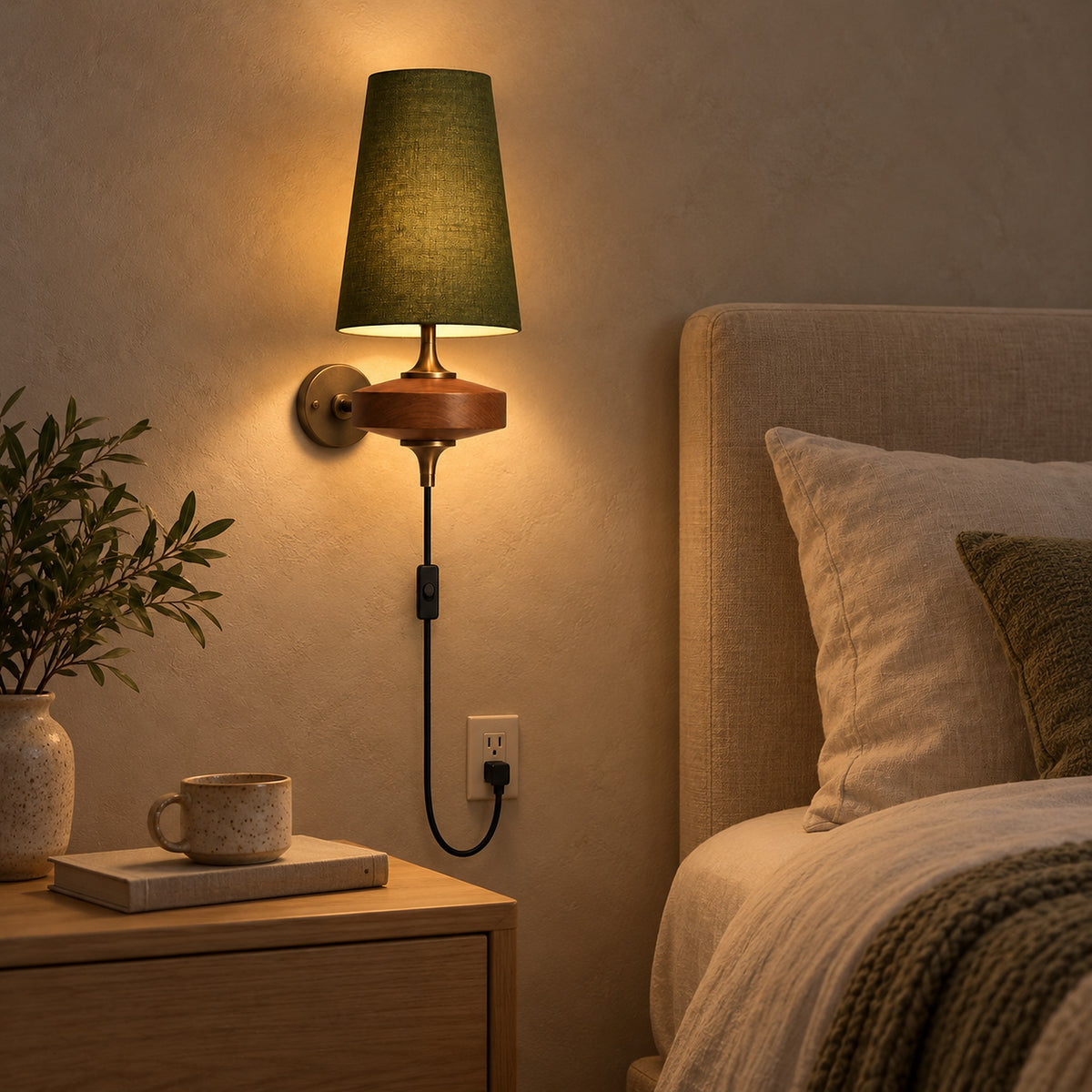 Larevio green single head plug in wall sconce glowing beside a bed at night above a nightstand #color_green