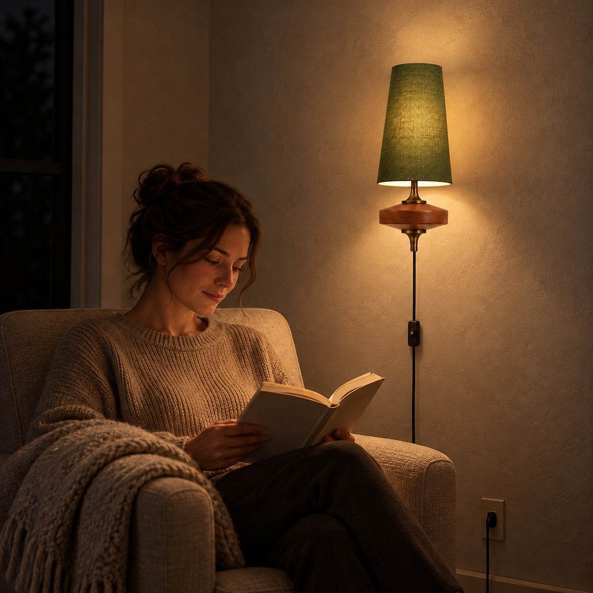 Larevio green single head plug in wall sconce lighting a reading nook at night beside a seated reader #color_green