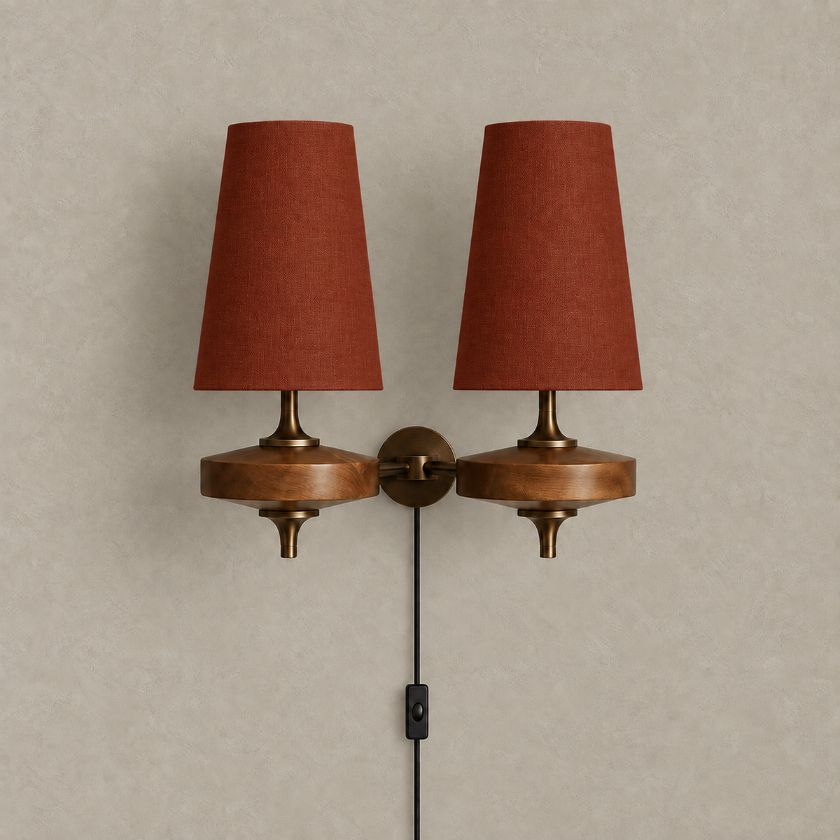 Larevio red plug in wall sconce unlit on greige plaster with two tapered fabric shades #color_red
