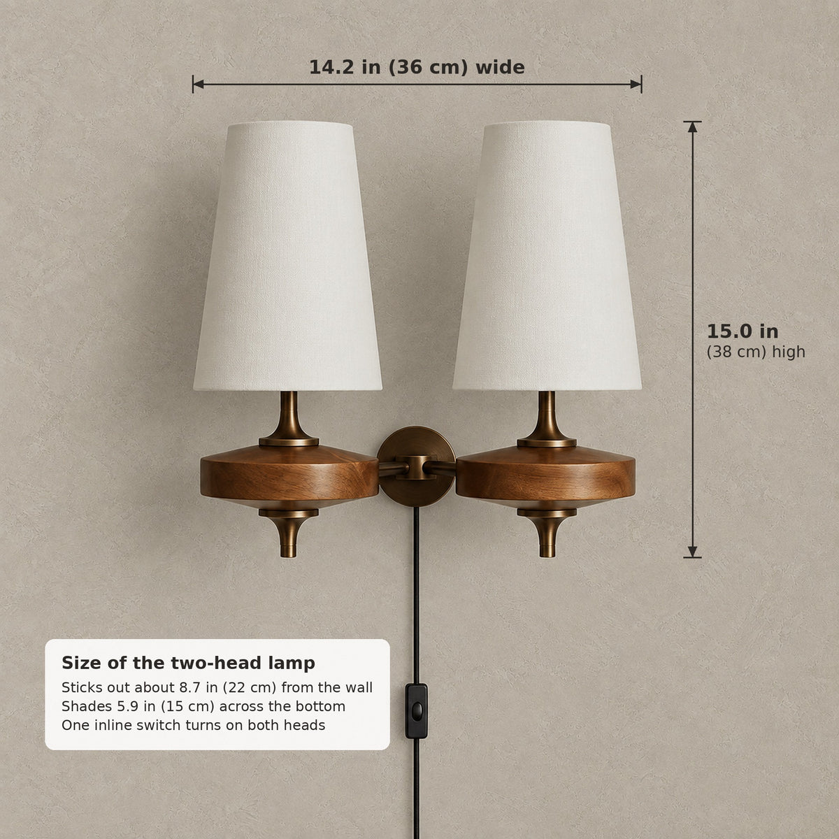 Larevio two head plug in wall sconce size: 14.2 in (36 cm) wide and 15.0 in (38 cm) high, sticks out 8.7 in (22 cm)