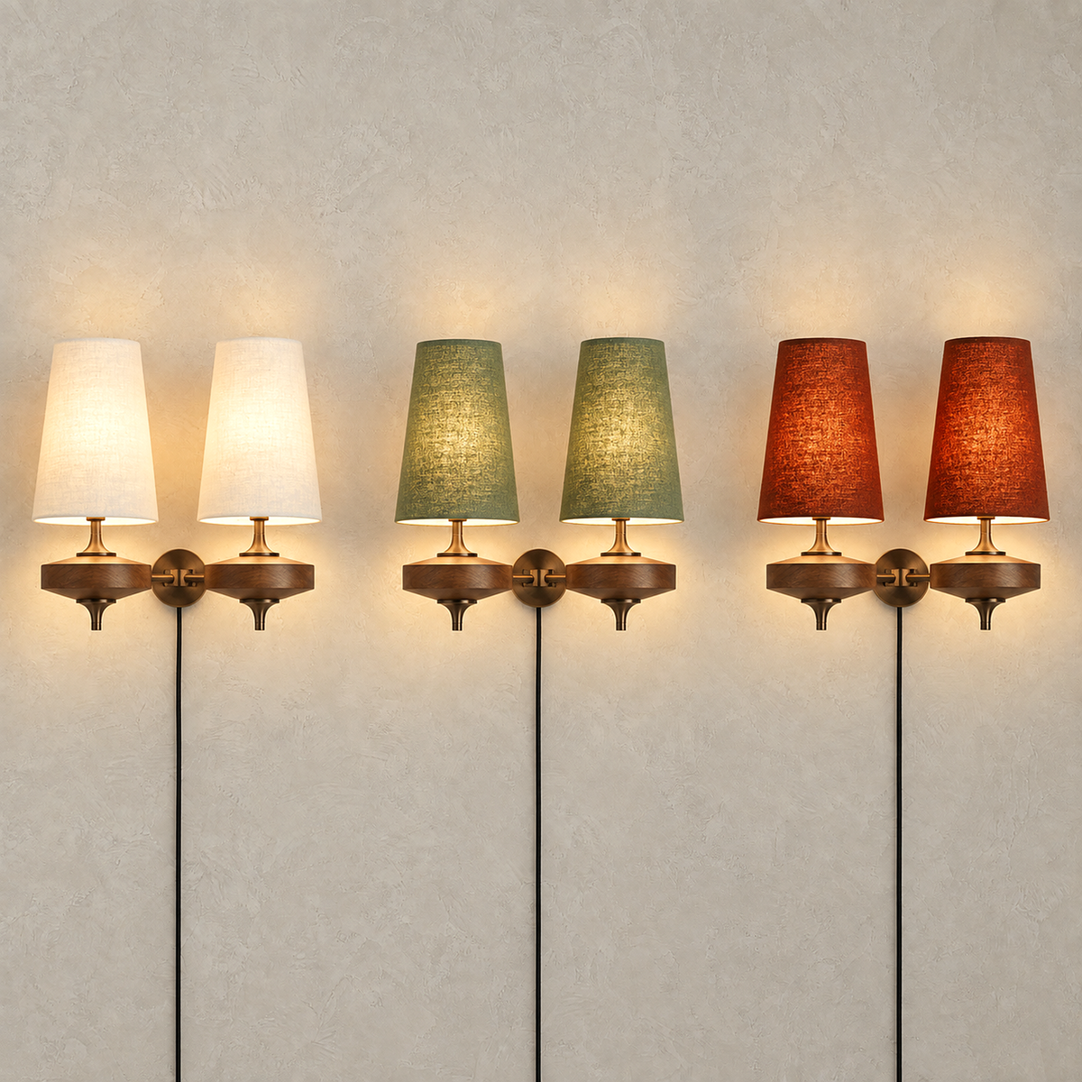 Larevio white, green and red plug in wall sconces lit side by side on a plaster wall