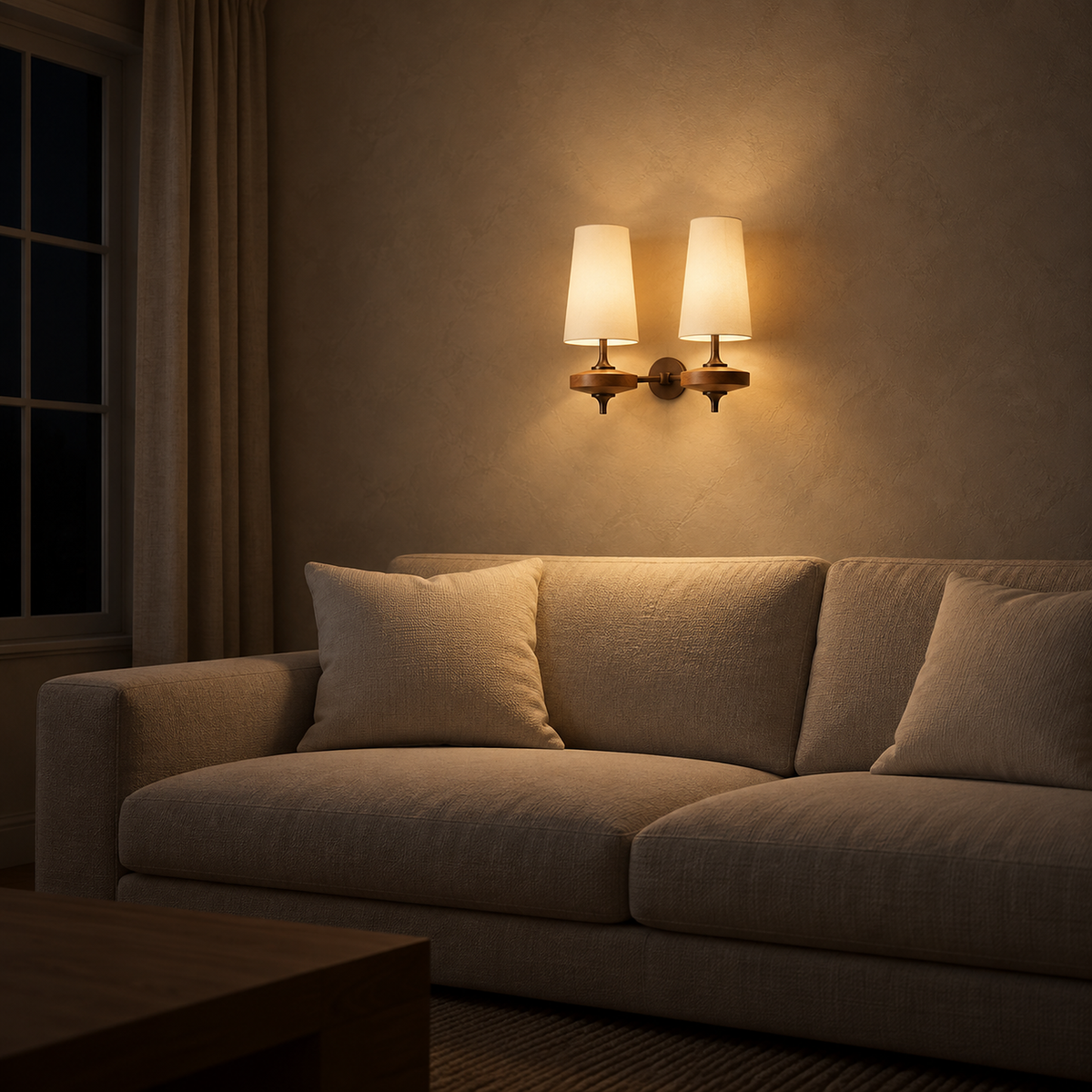 Larevio white LED wall sconce casting warm light over a living room sofa in the evening