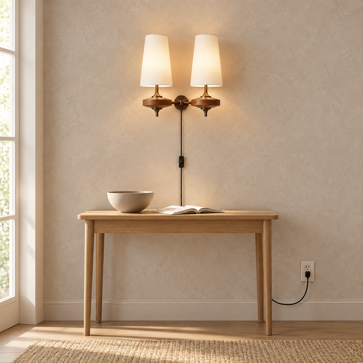 Larevio white wall sconce lit above a console with its cord running to a wall outlet #color_white