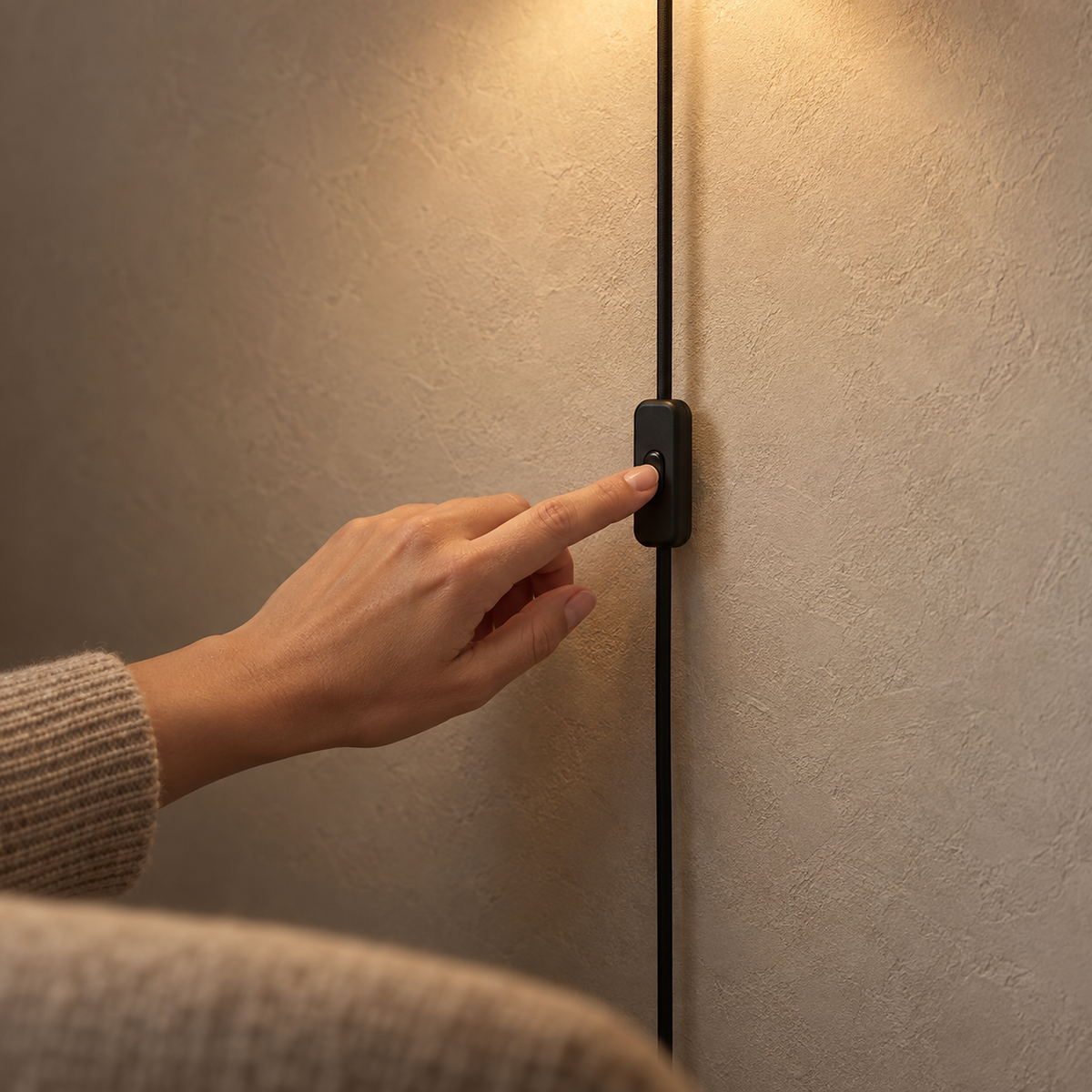 Larevio white wall sconce with a hand turning the inline cord switch while the shades glow #color_white
