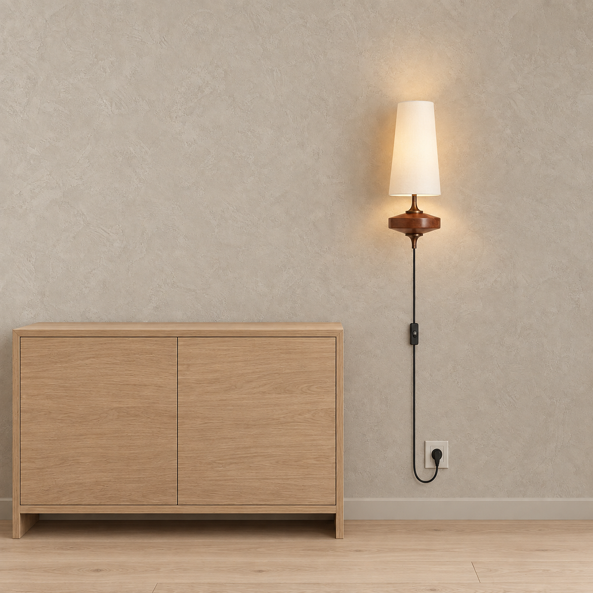 Larevio white plug in wall sconce glowing beside a console with the cord routed to an outlet #color_white