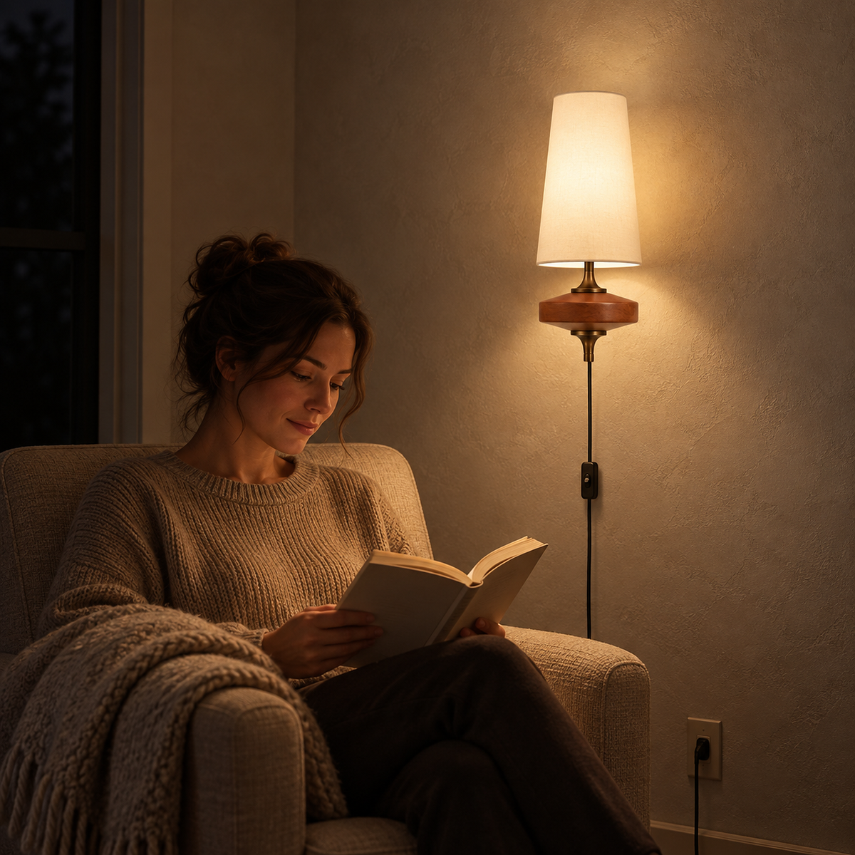 Larevio white plug in wall sconce lighting a reading nook at night beside a seated reader #color_white