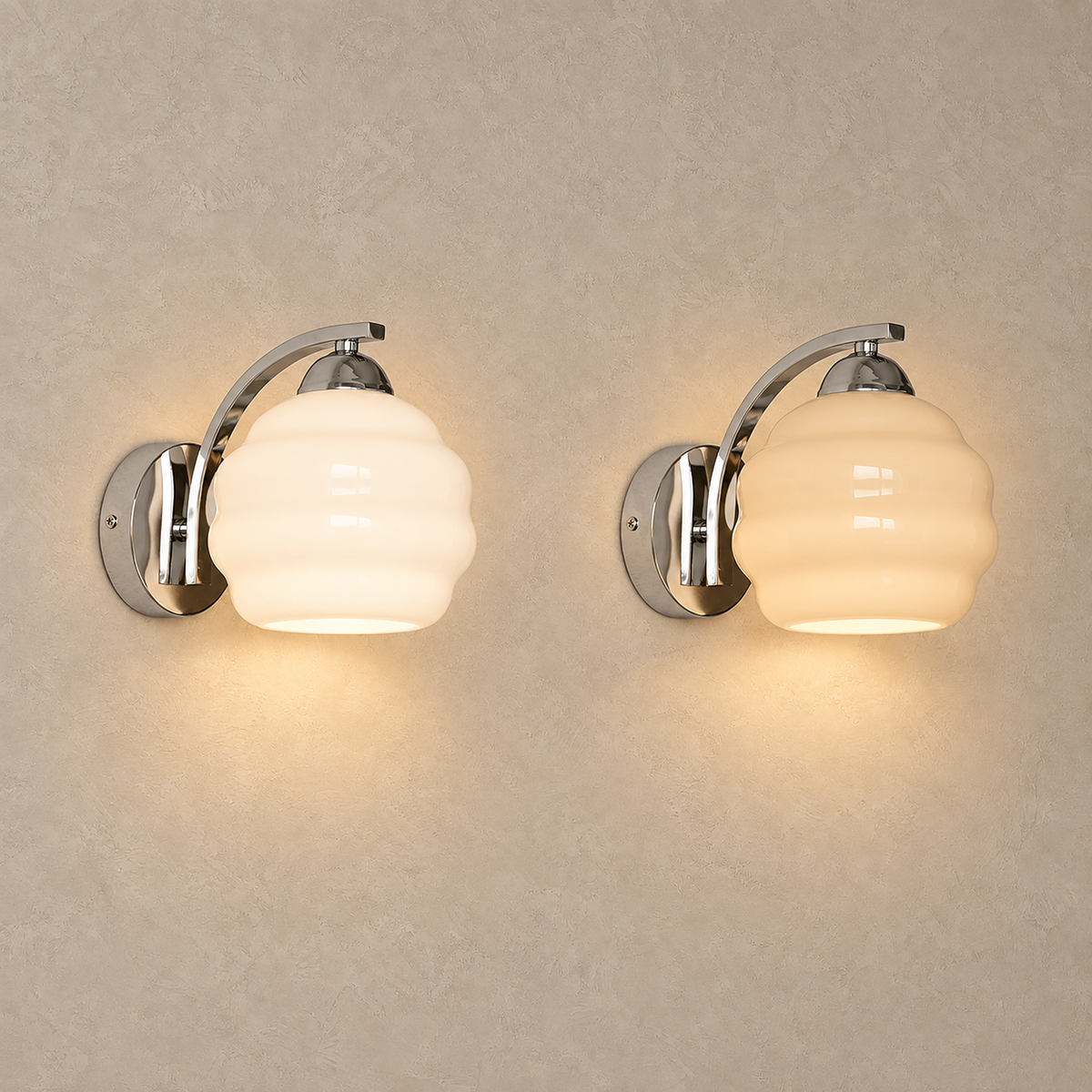 Lasemiro glass wall lamps in silver and white and silver and beige lit side by side