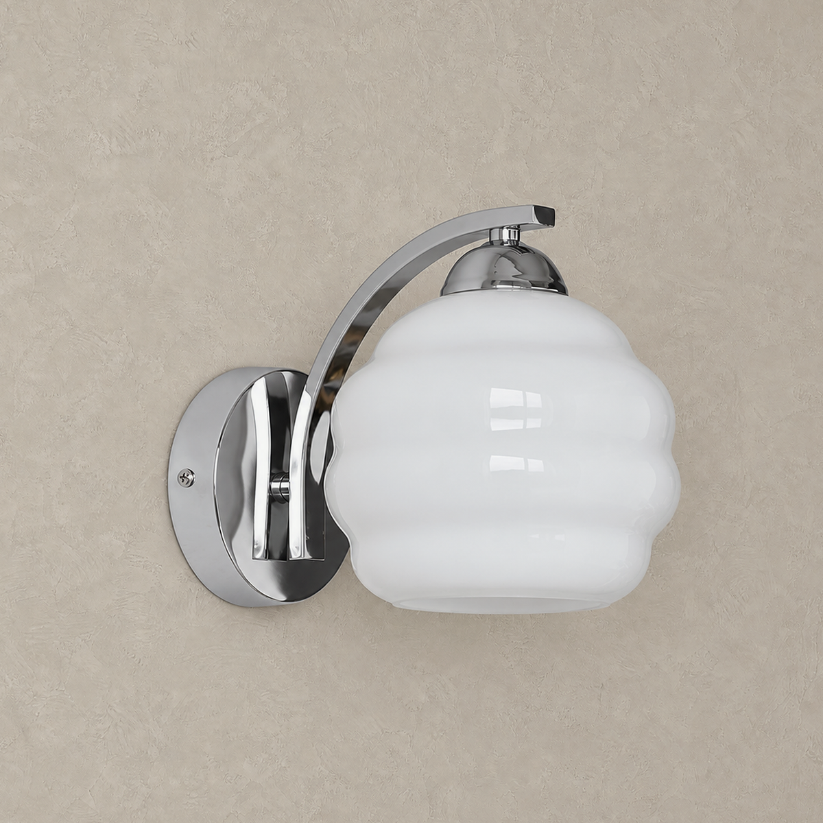 Lasemiro silver and white glass led wall sconce switched off showing its shade on a plated wall plate