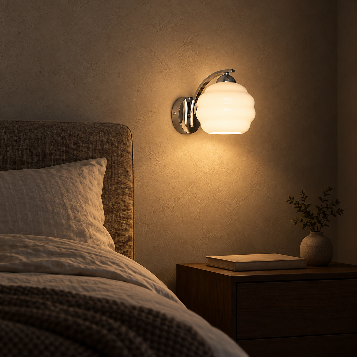 Lasemiro white bedside wall light casting a soft glow on a bedroom wall at night
