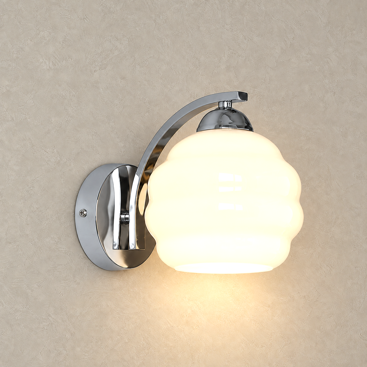 Lasemiro white glass bedside led wall sconce lit against a soft greige plaster wall