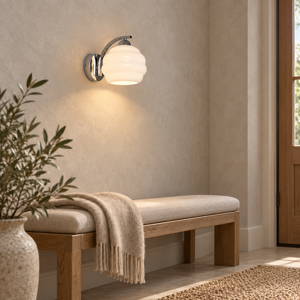 Lasemiro white glass led wall sconce showing its glowing shade opening