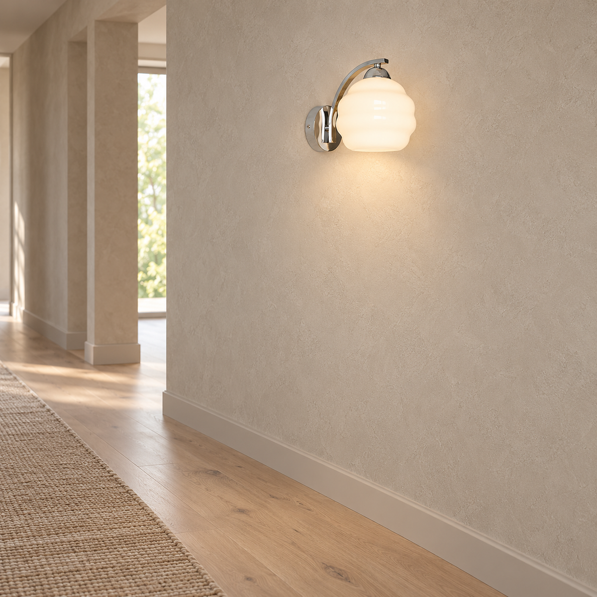 Lasemiro white wall sconce mounted in a hallway keeping the floor clear below