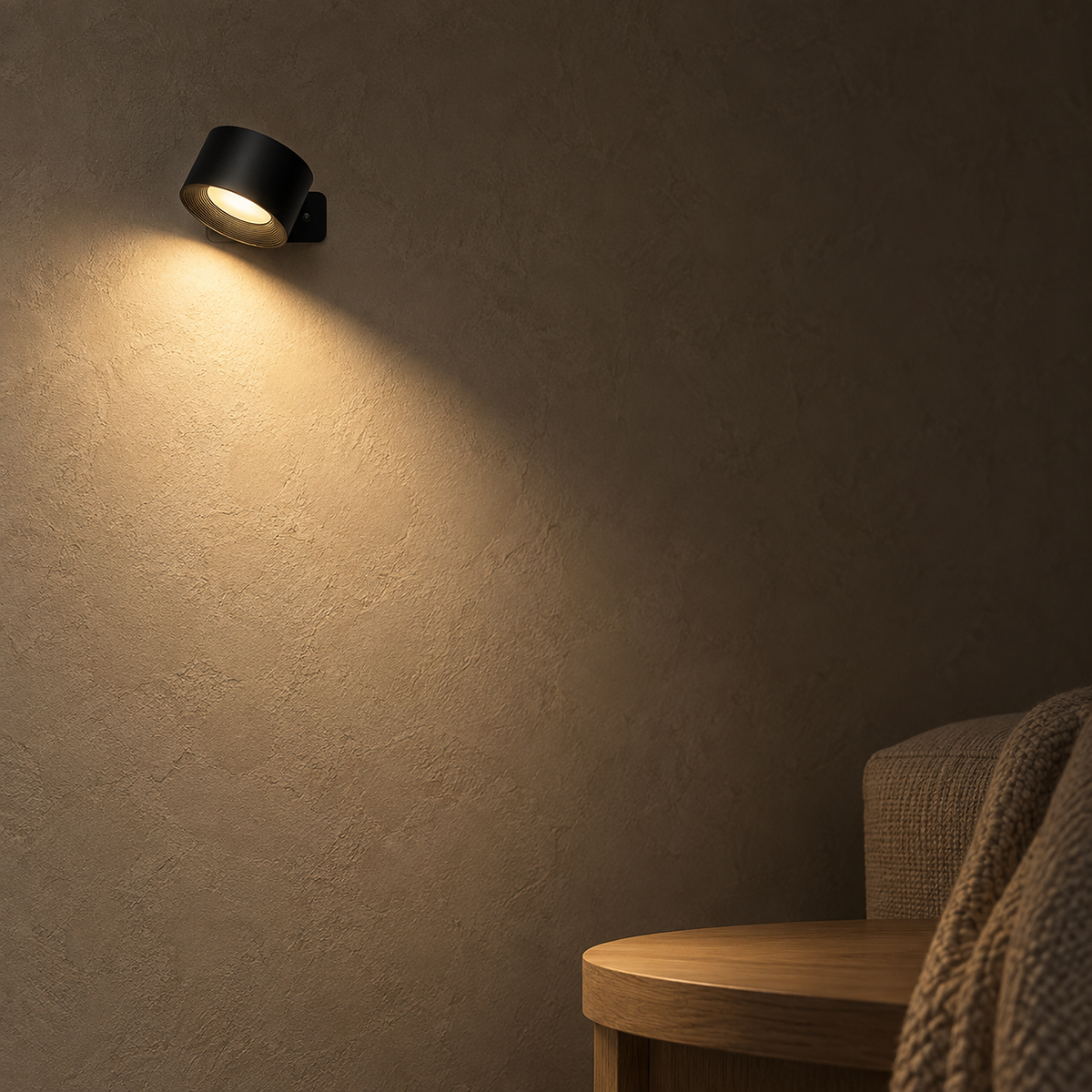 Lasirel black battery operated wall sconce casting a pool of warm light in a living room at night