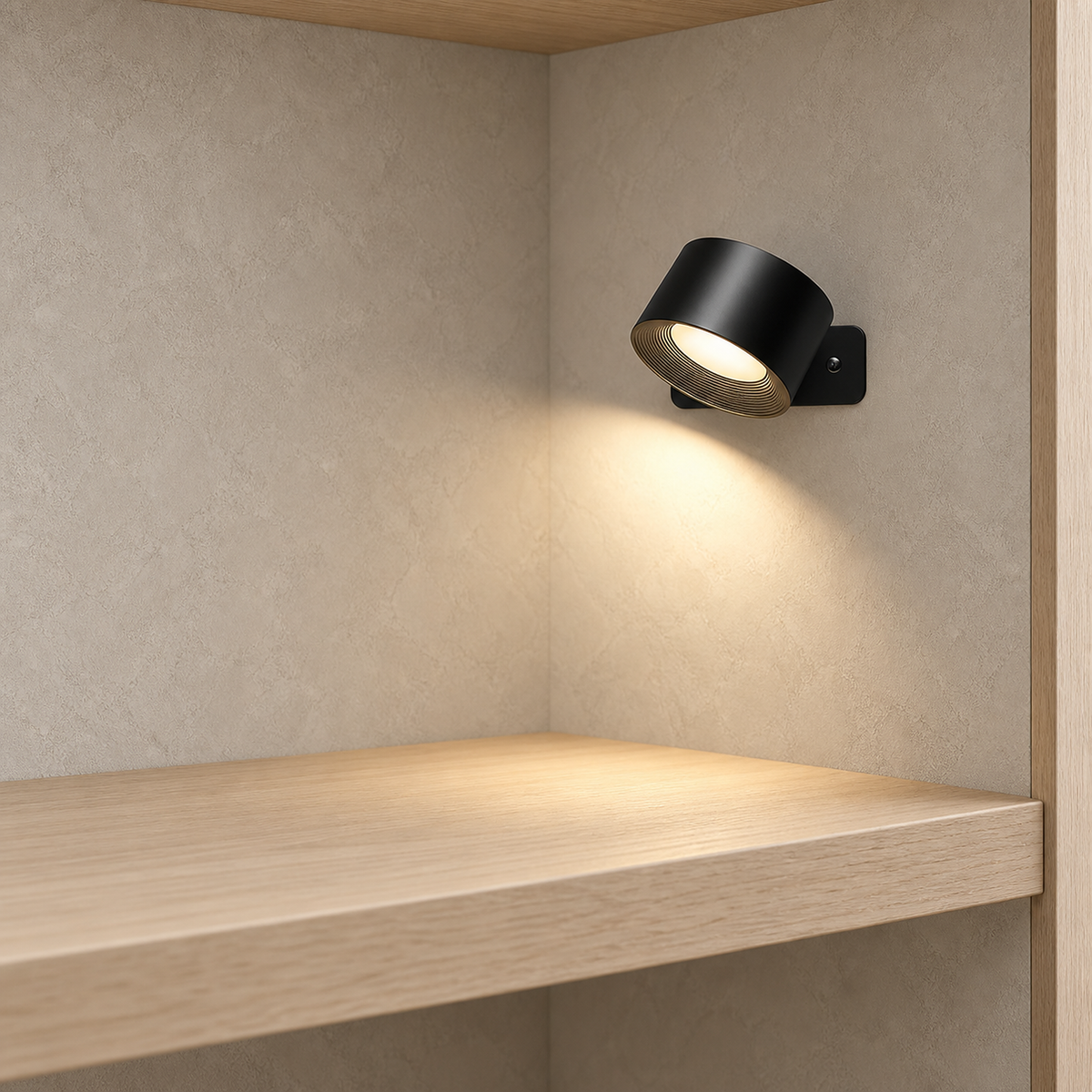 Lasirel black battery operated wall sconce lit above a cleared closet shelf