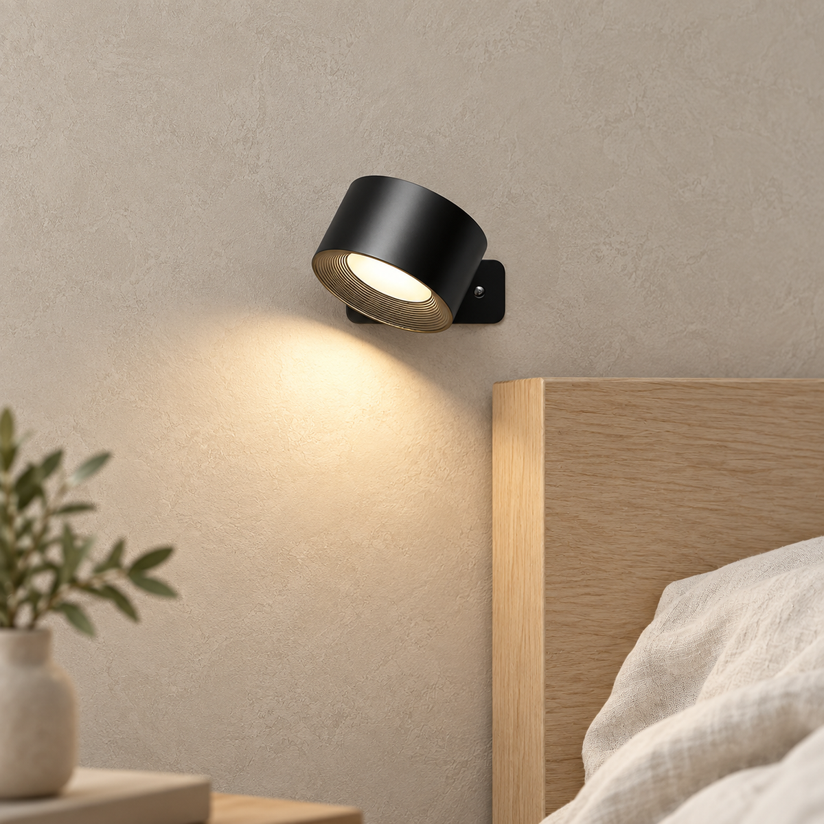 Lasirel black bedside lamp lit above the corner of a headboard in daylight