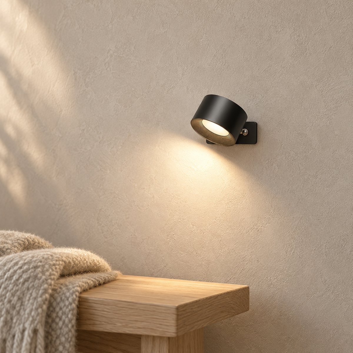 Lasirel black cordless wall lamp glowing softly on a stairway landing wall