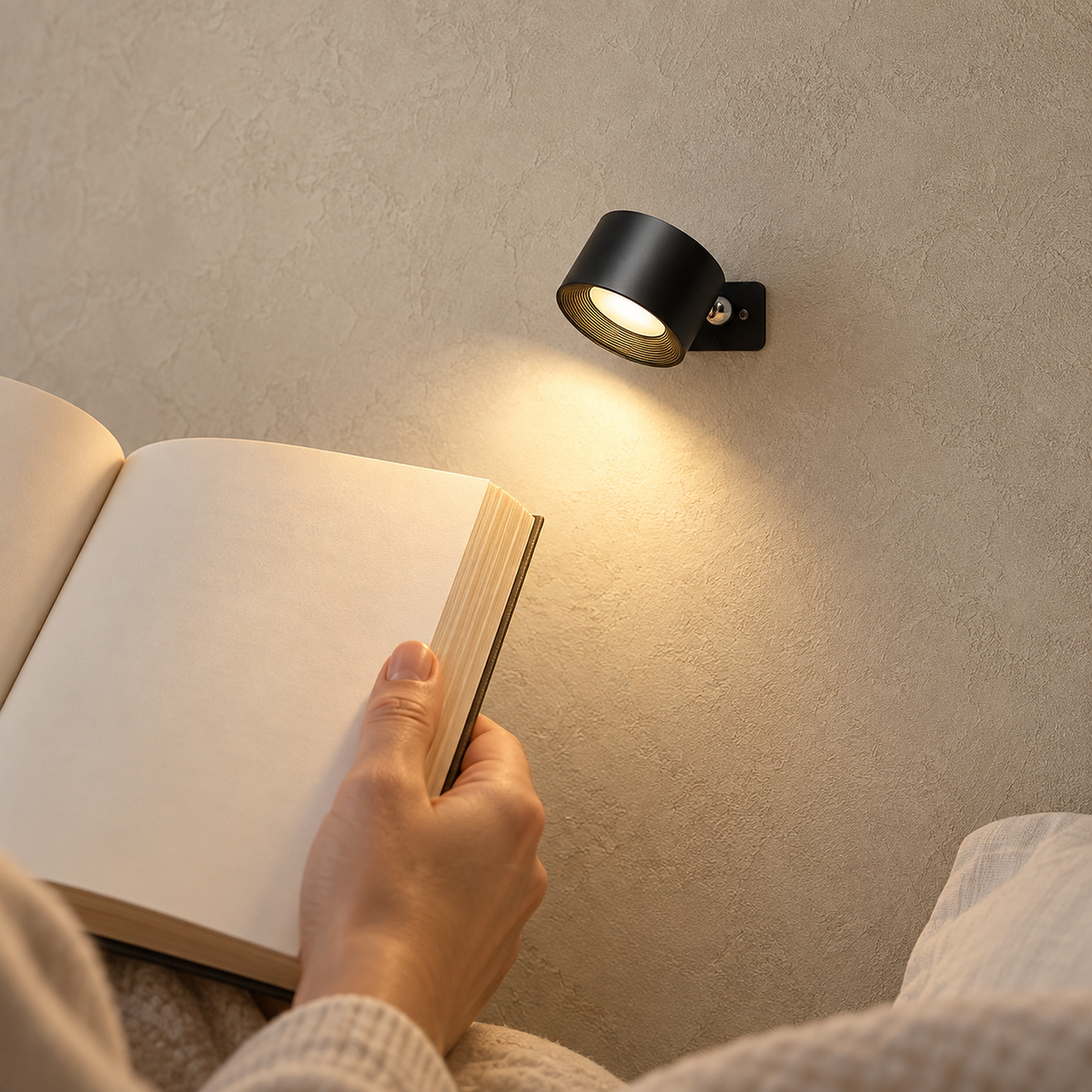 Lasirel black rechargeable wall sconce lit and aimed toward a book in a reading corner