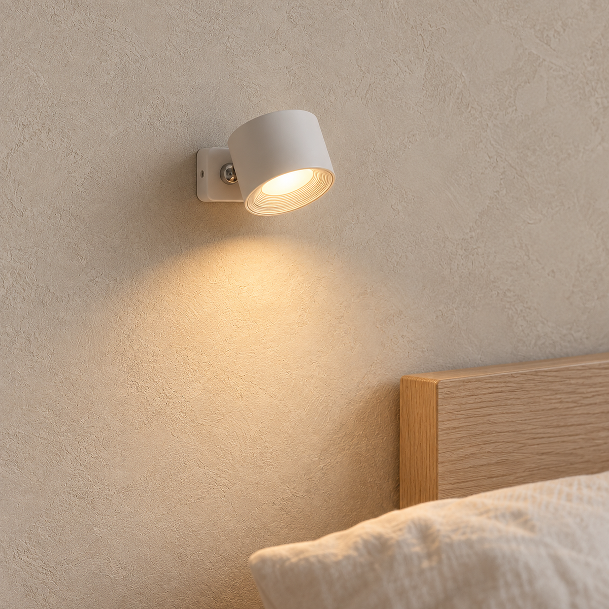 Lasirel white bedside lamp lit beside an ivory pillow in a guest bedroom #color_white