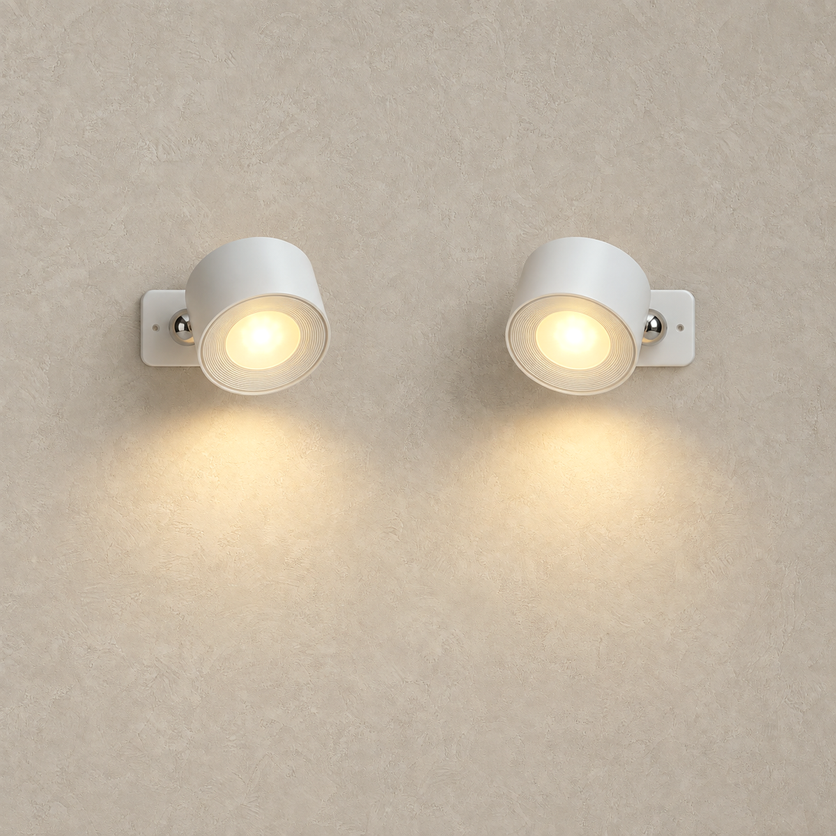 Lasirel white LED wall sconce set of 2 lit together on a plain studio plate #color_white