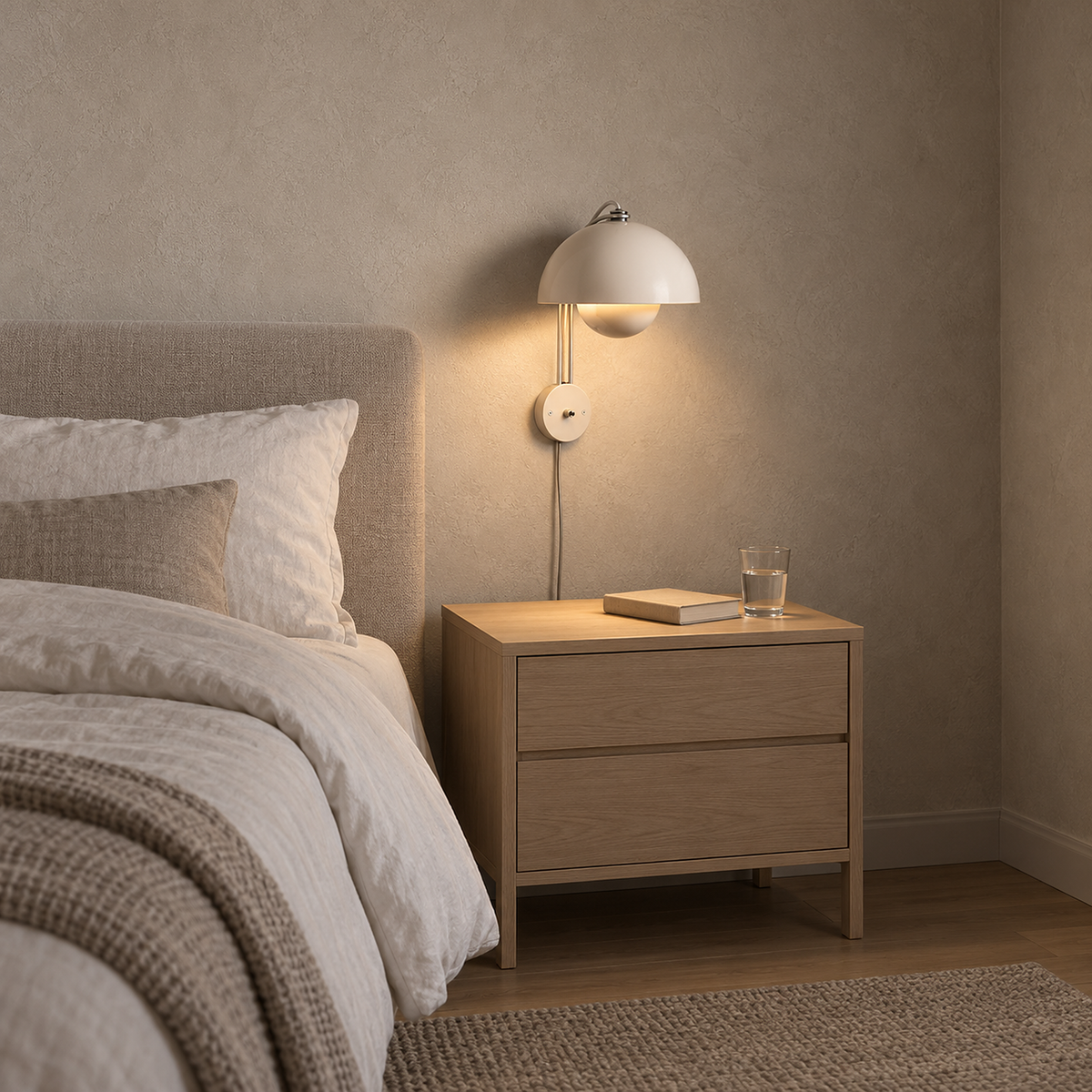Lasorme cream bedside wall light above a nightstand, leaving its top free for essentials