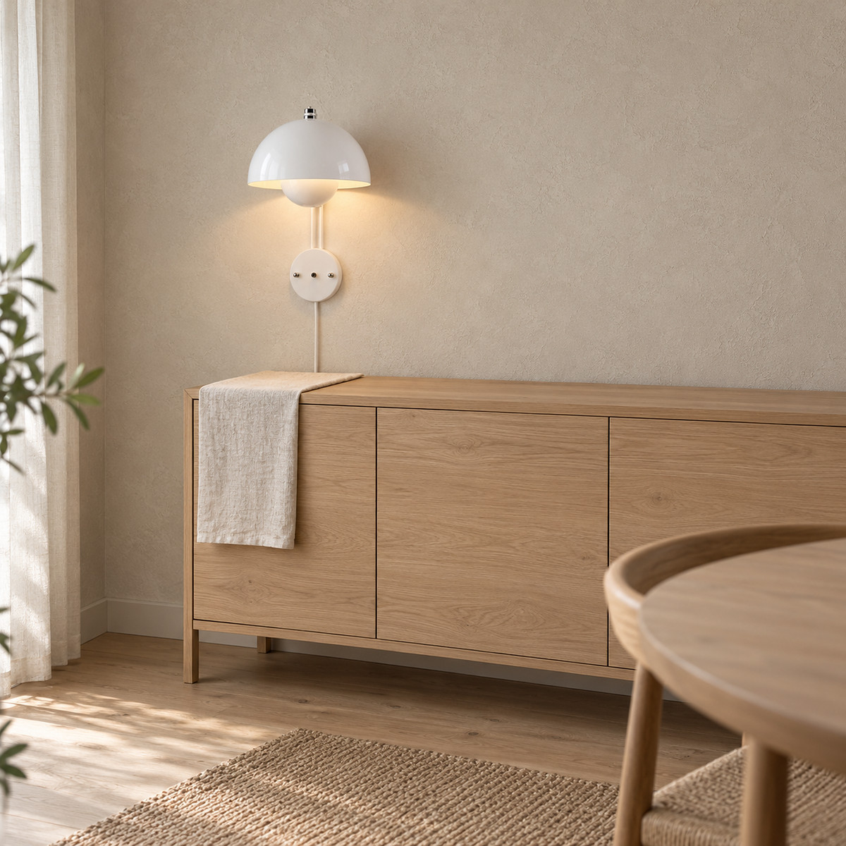 Lasorme white plug in wall lamp lit above a dining cabinet in daylight #color_white