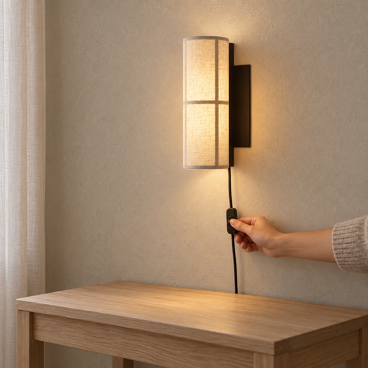 Lassivor white plug in wall light lit above an empty entryway table in daylight