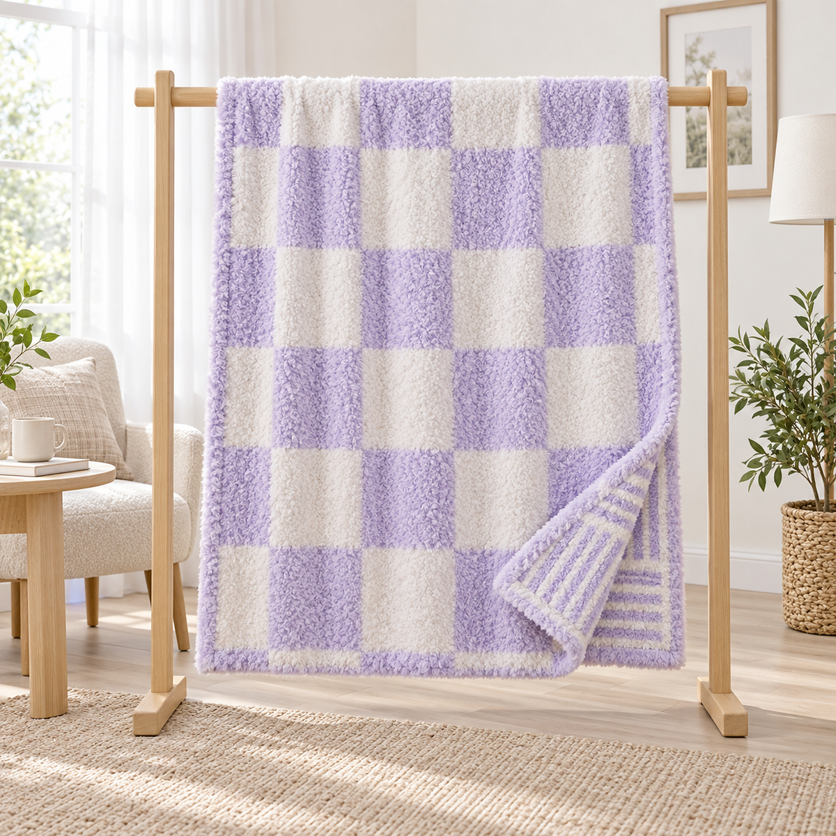 Lavimera two color knit throw blanket laid open with its checkerboard side facing up in a dressing room