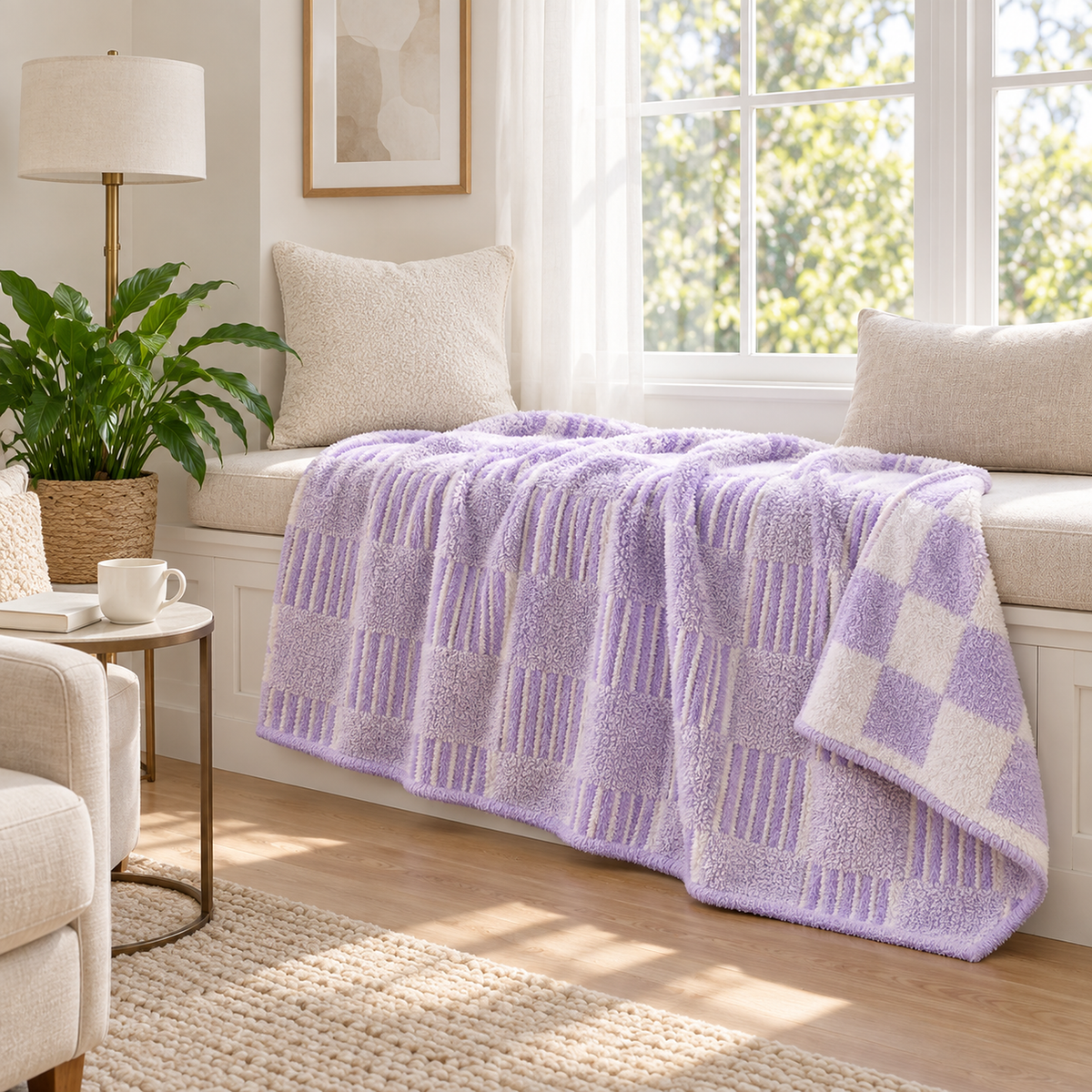 Lavimera heather cream plush throw blanket across a cushioned window seat with a corner turned to reveal the reverse