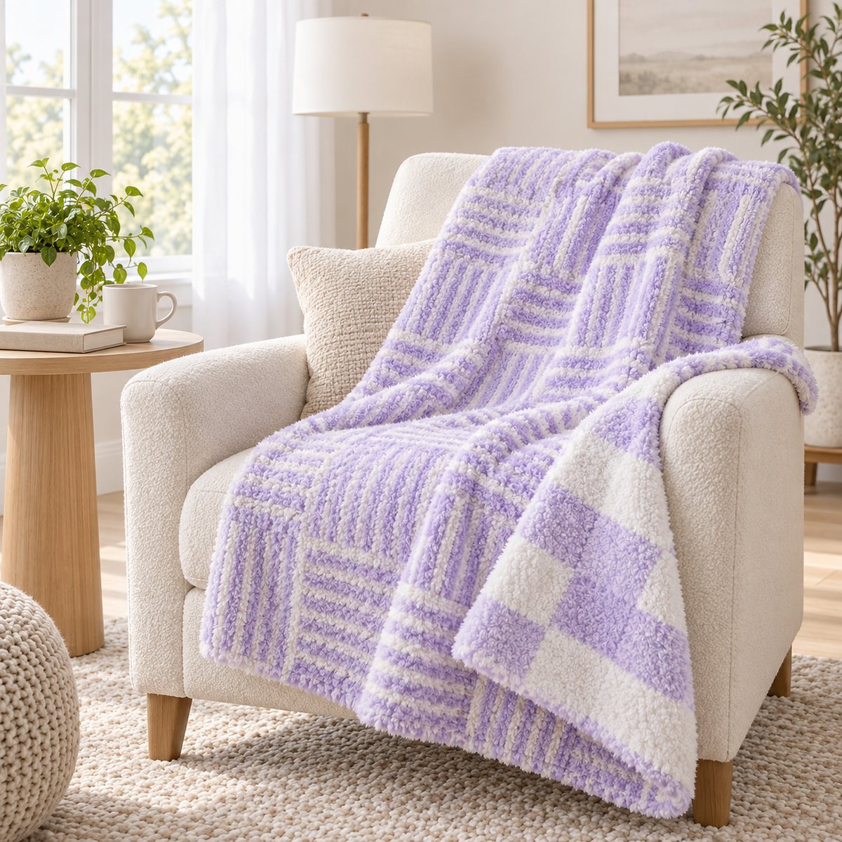 Lavimera two color soft throw blanket with a corner turned back over a library armchair showing the fluffy knit